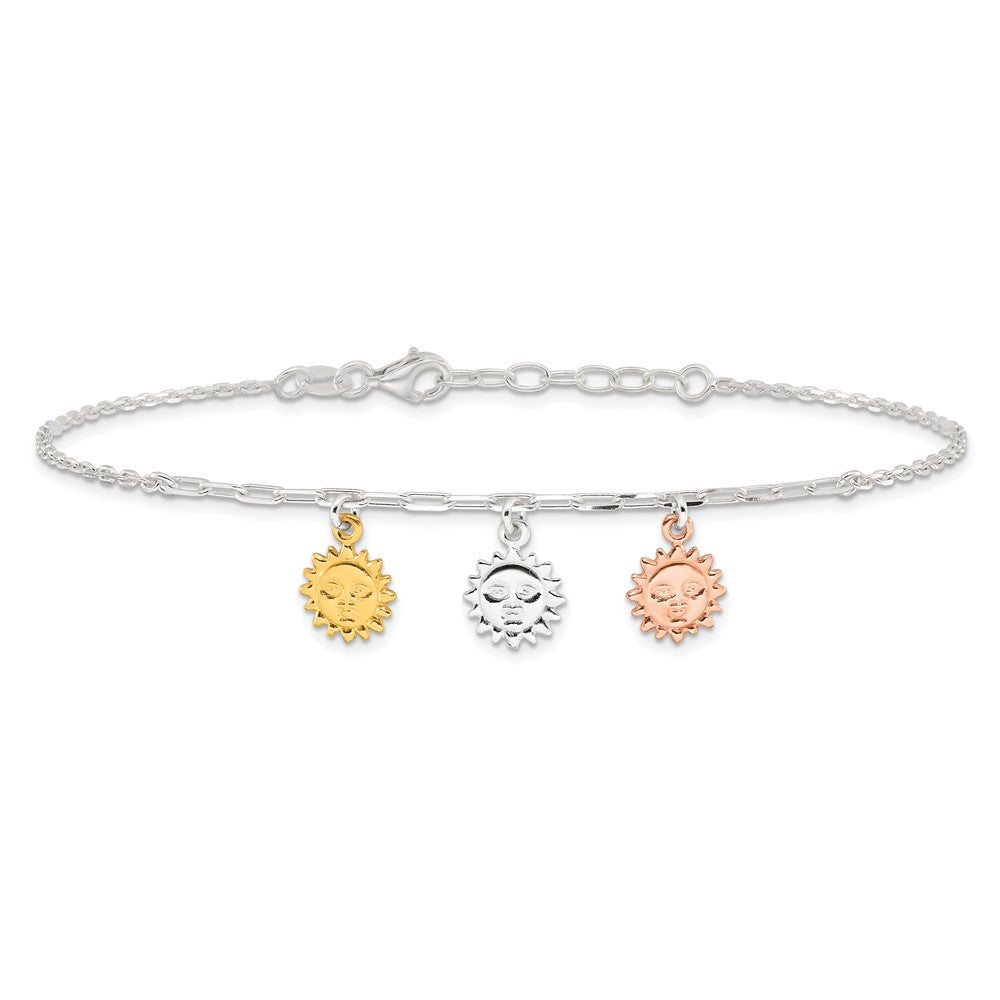 Sterling Silver Rose-tone and Gold-tone Suns 9in Plus 1in Ext. Anklet 9 inches
