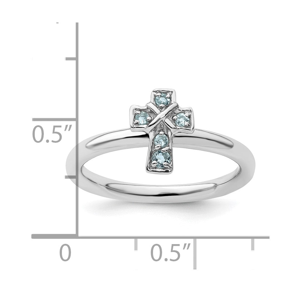 Sterling Silver Stackable Expressions Rhodium Aquamarine Cross Ring Size -6