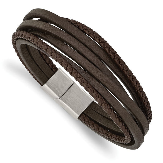 Stainless Steel Brushed Brown Leather Multi Strand 8in Bracelet 8 inches