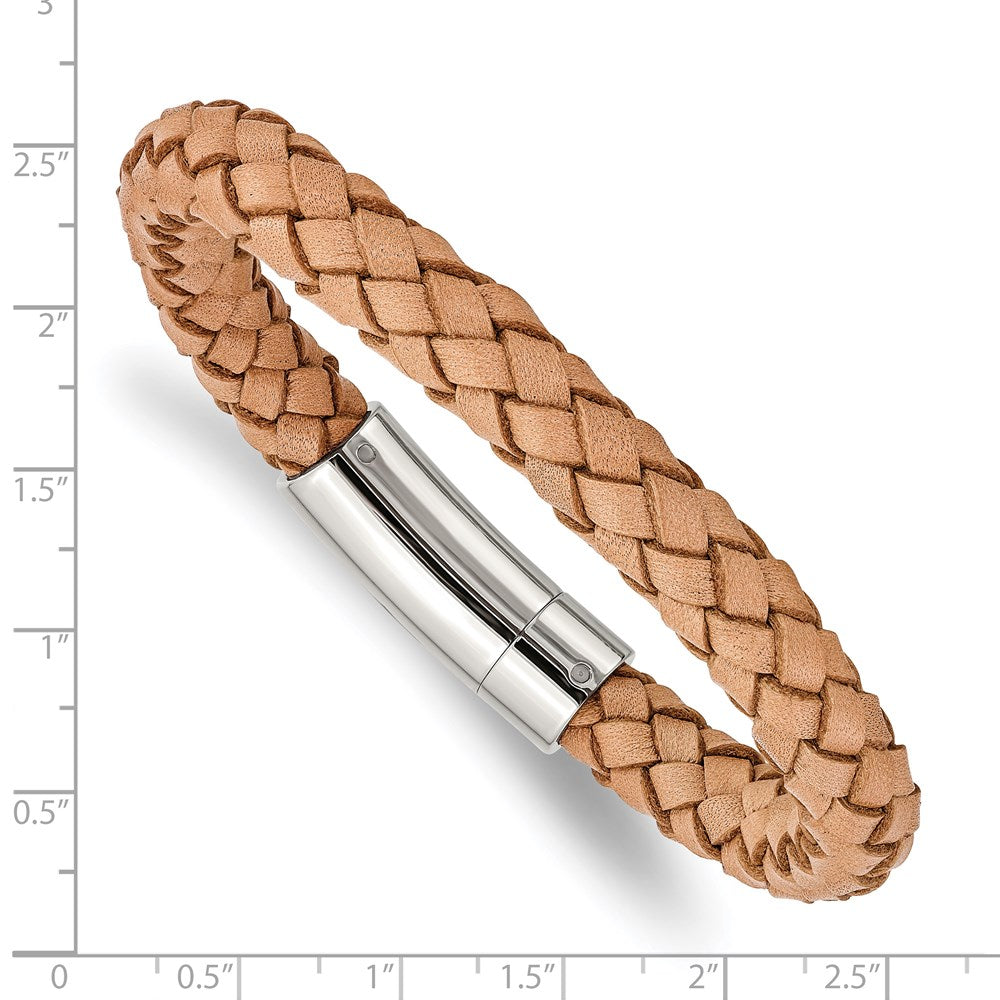 Stainless Steel Polished Light Tan Leather 8.5in Bracelet 8.5 inches