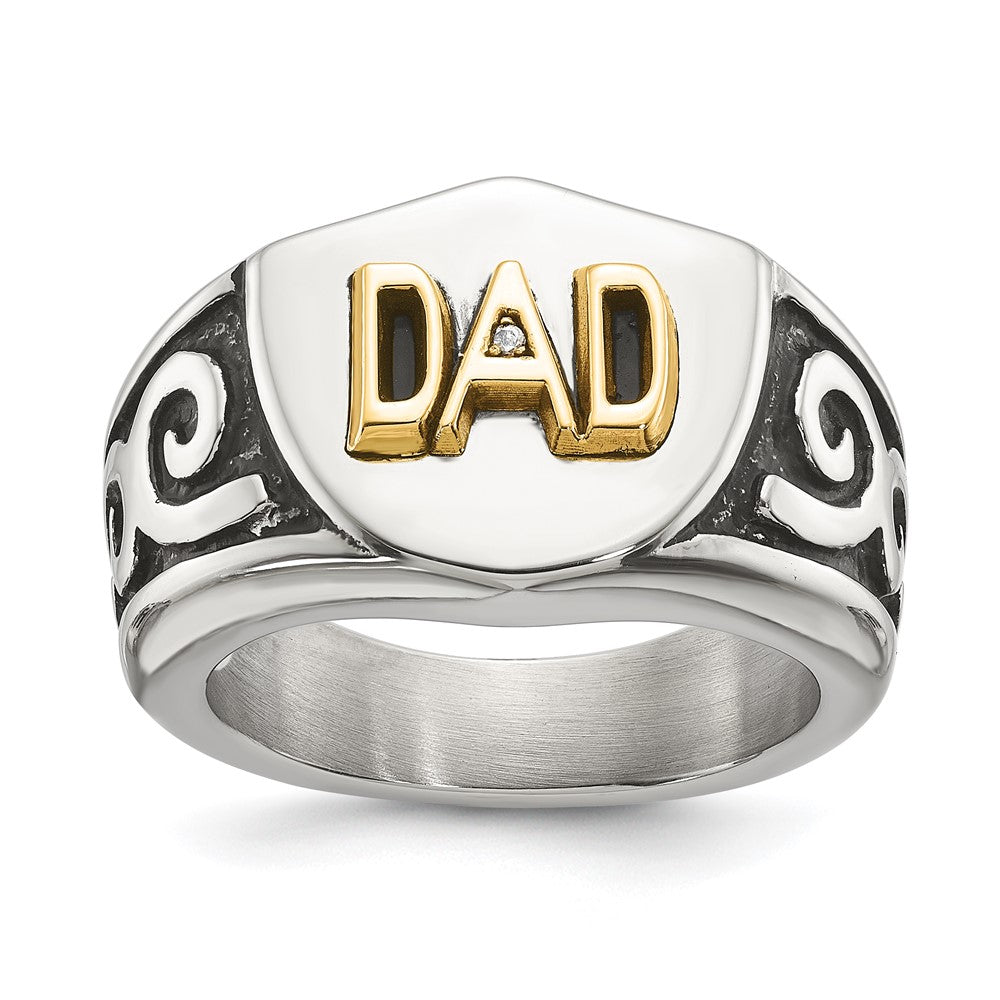 Chisel Stainless Steel Polished with 14K Gold Accent and .01ct Diamond DAD with Black Enamel Shield Ring Size - 11