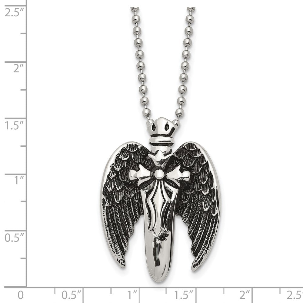 Stainless Steel Antiqued Brushed & Polished Winged Sword Cross Necklace