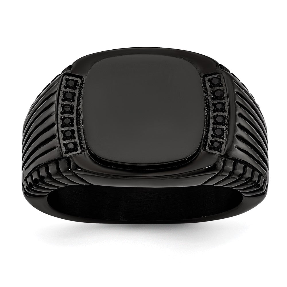 Stainless Steel Polished Black IP-plated with Black CZ Signet Ring Size - 12