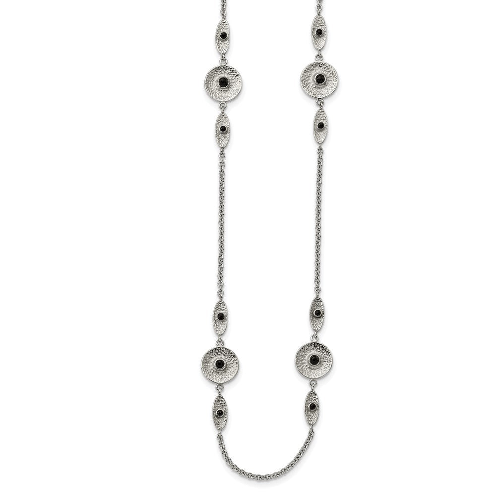 Stainless Steel Polished and Textured Black Onyx 34in w/2in ext Necklace