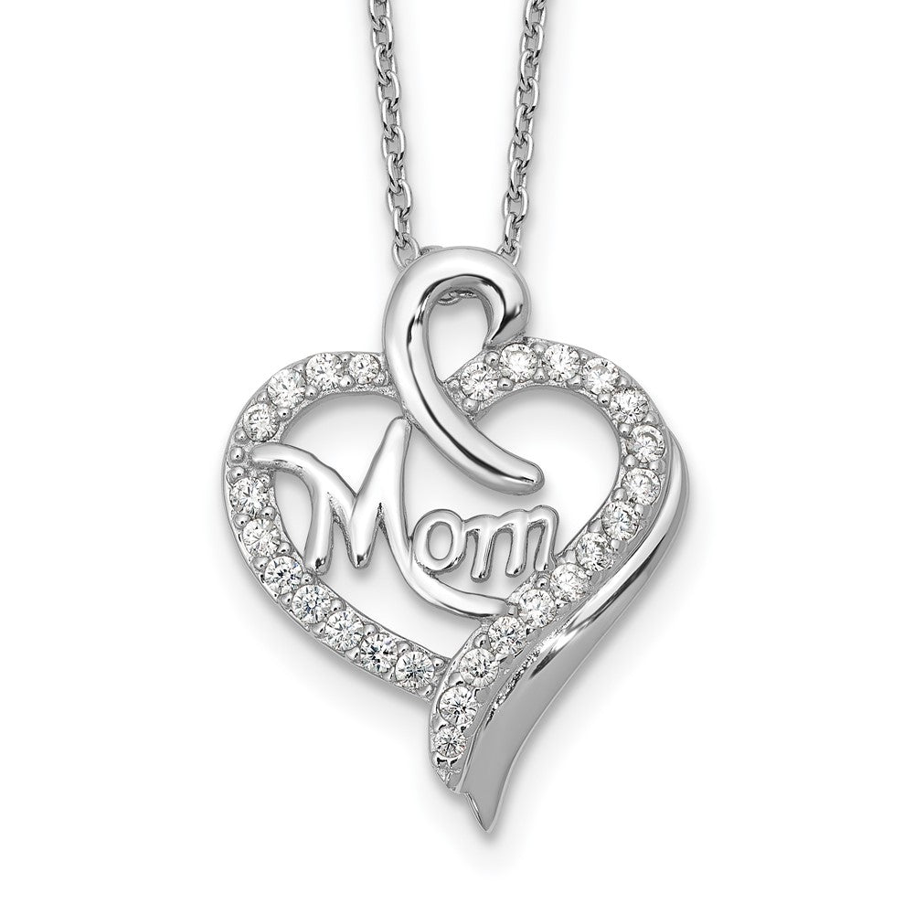 Cheryl M Sterling Silver Rhodium-plated Brilliant-cut CZ MOM Heart 18 Inch Necklace with 2 Inch Extender 18 Inches