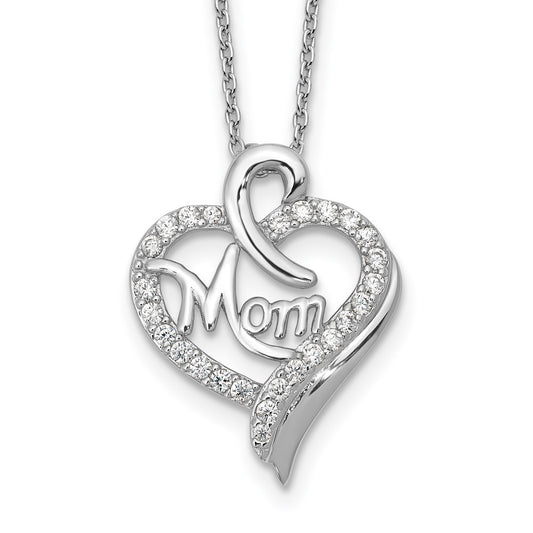 Cheryl M Sterling Silver Rhodium-plated Brilliant-cut CZ MOM Heart 18 Inch Necklace with 2 Inch Extender 18 Inches
