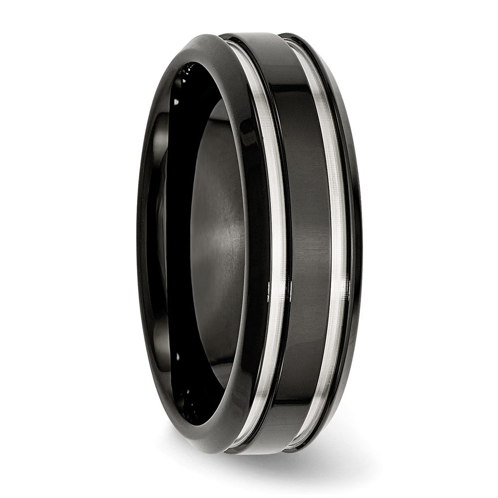 Stainless Steel Polished Black IP-plated 7mm Grooved Band Size - 7