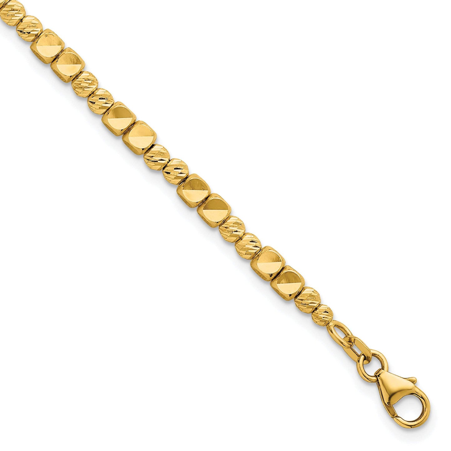 14K Polished Diamond-cut and Square Beaded 7 Inch Bracelet