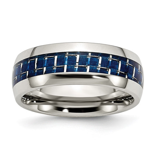 Stainless Steel Polished w/Blue Carbon Fiber Inlay 8mm Band Size - 8.5