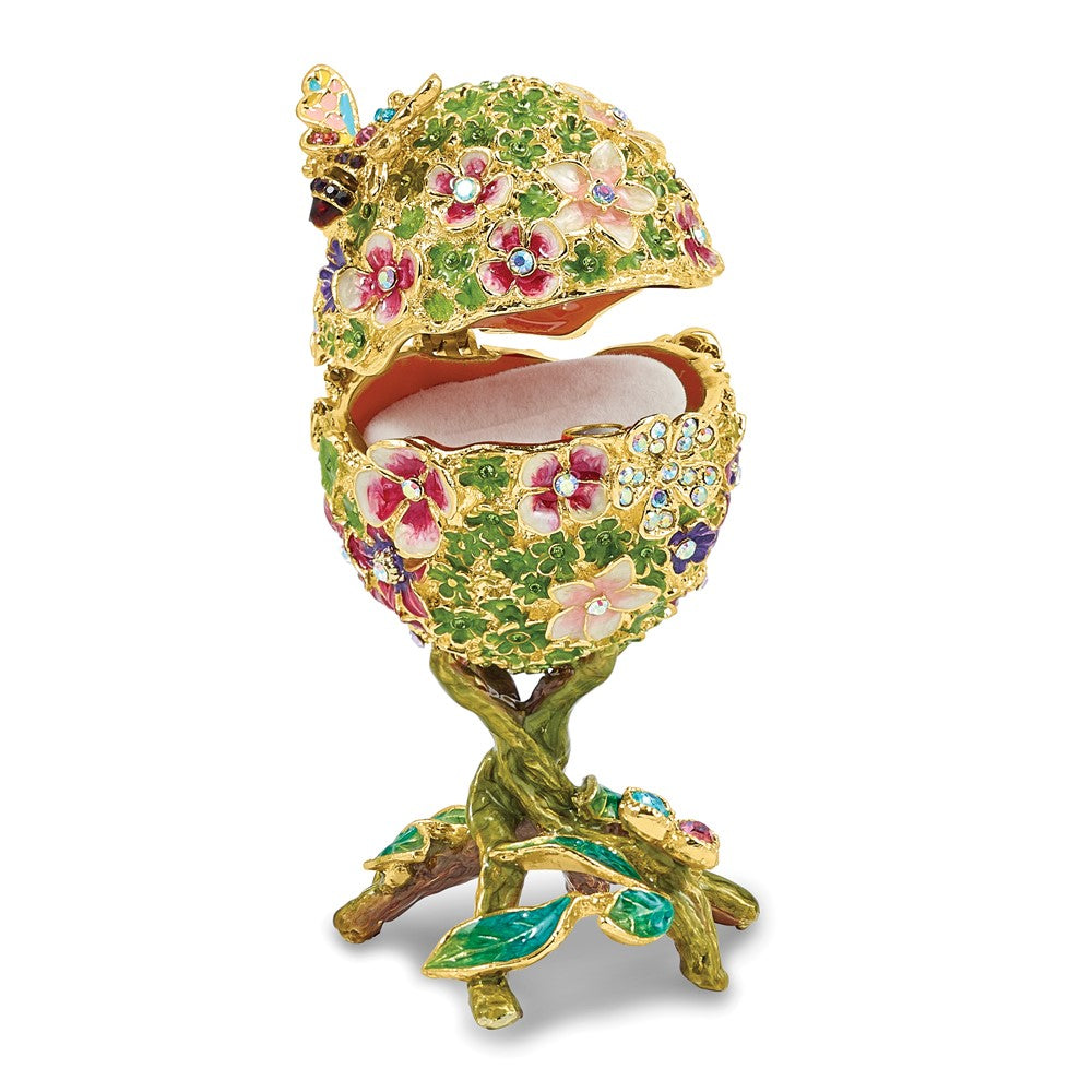Luxury Giftware by Jere Bejeweled BUDS Green Floral Egg Trinket Box with Ring Insert and Matching 18 inch Necklace