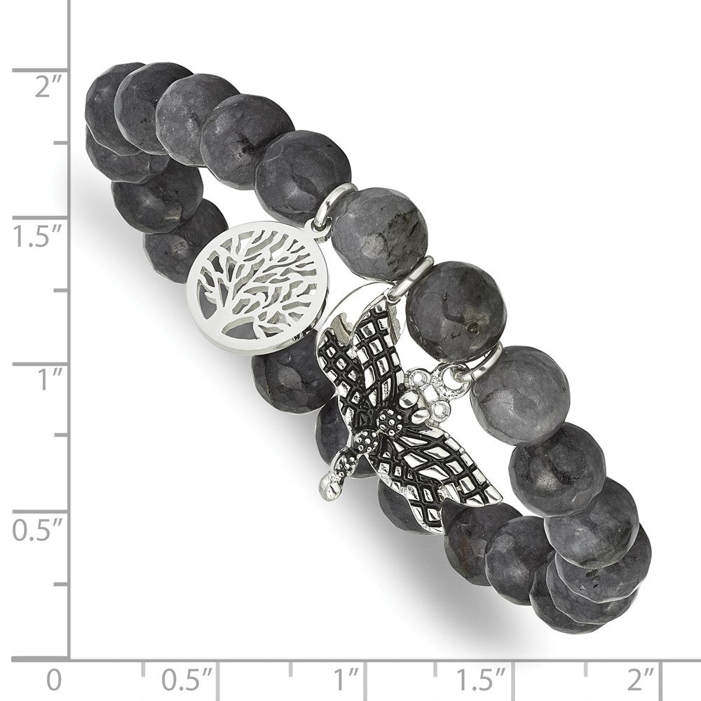 Stainless Steel Antiqued & Polished Dragonfly Grey Dyed Jade Bracelet 6 inches