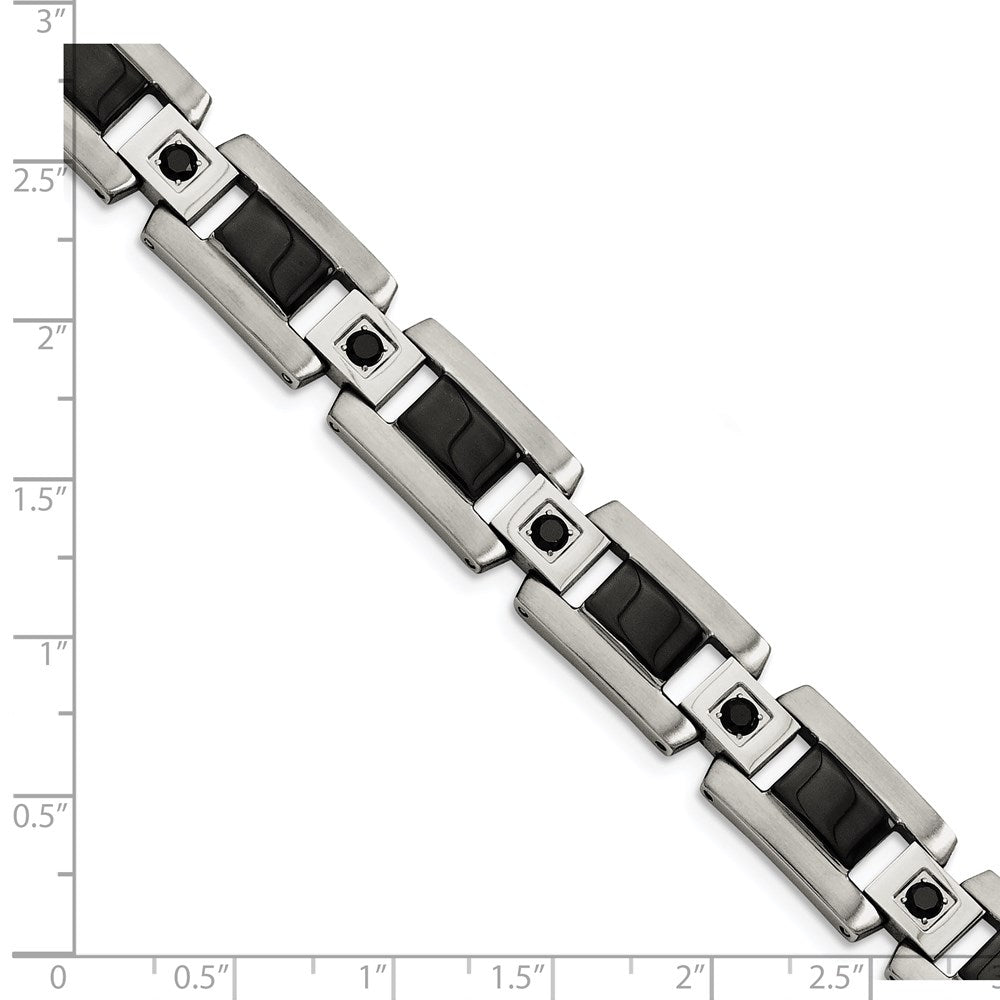 Stainless Steel Polished w/Black Enamel & Black Diamonds 8.75in Bracelet 8.75 inches