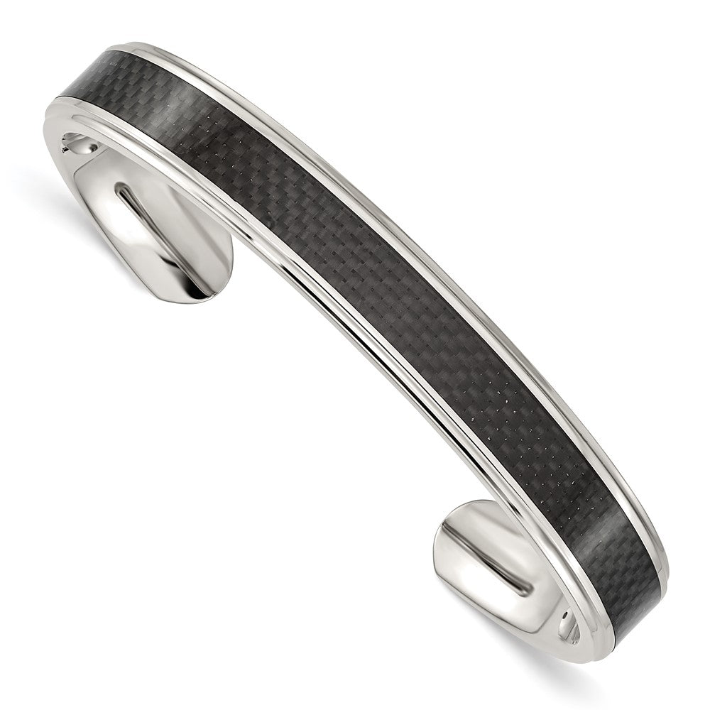Stainless Steel Polished Black Carbon Fiber Inlay Bangle 7.25 inches