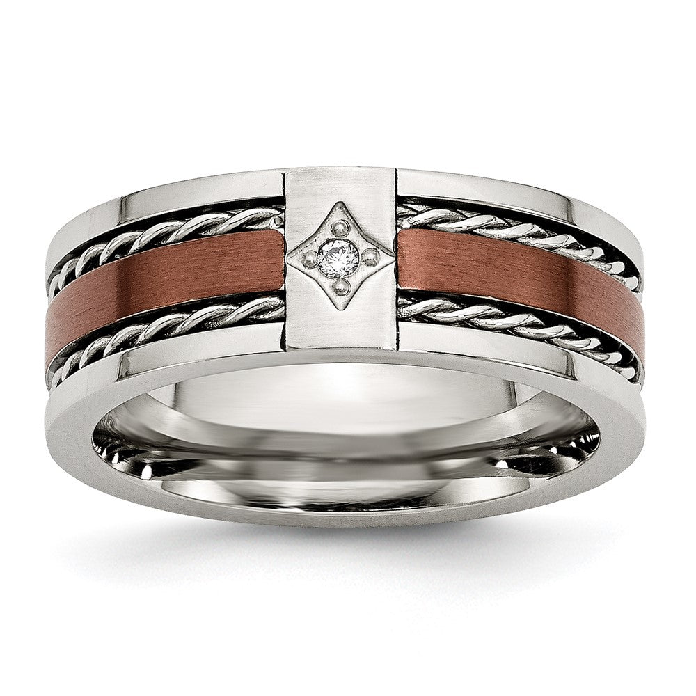 Stainless Steel Brushed/Polished Brown IP-plated .02ct Diamond 8mm Band Size - 11