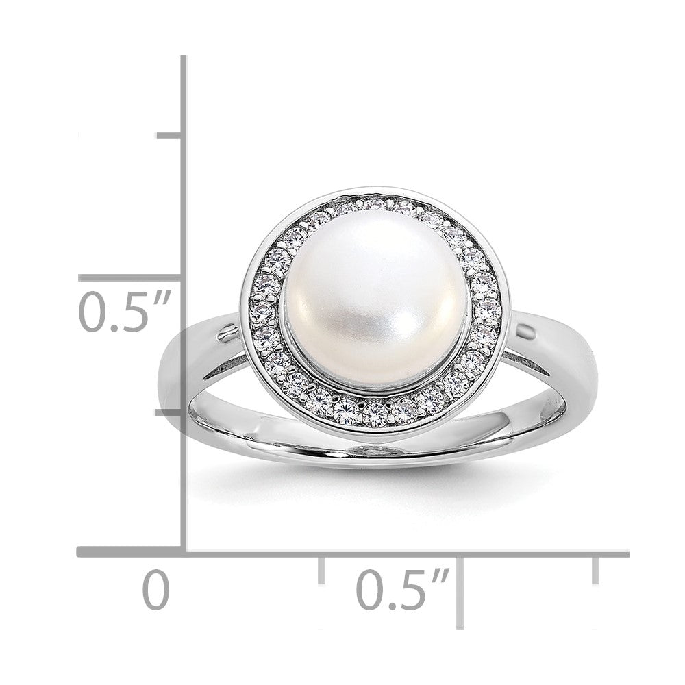 Cheryl M Sterling Silver Rhodium-plated Polished Freshwater Cultured Pearl and CZ Halo Ring