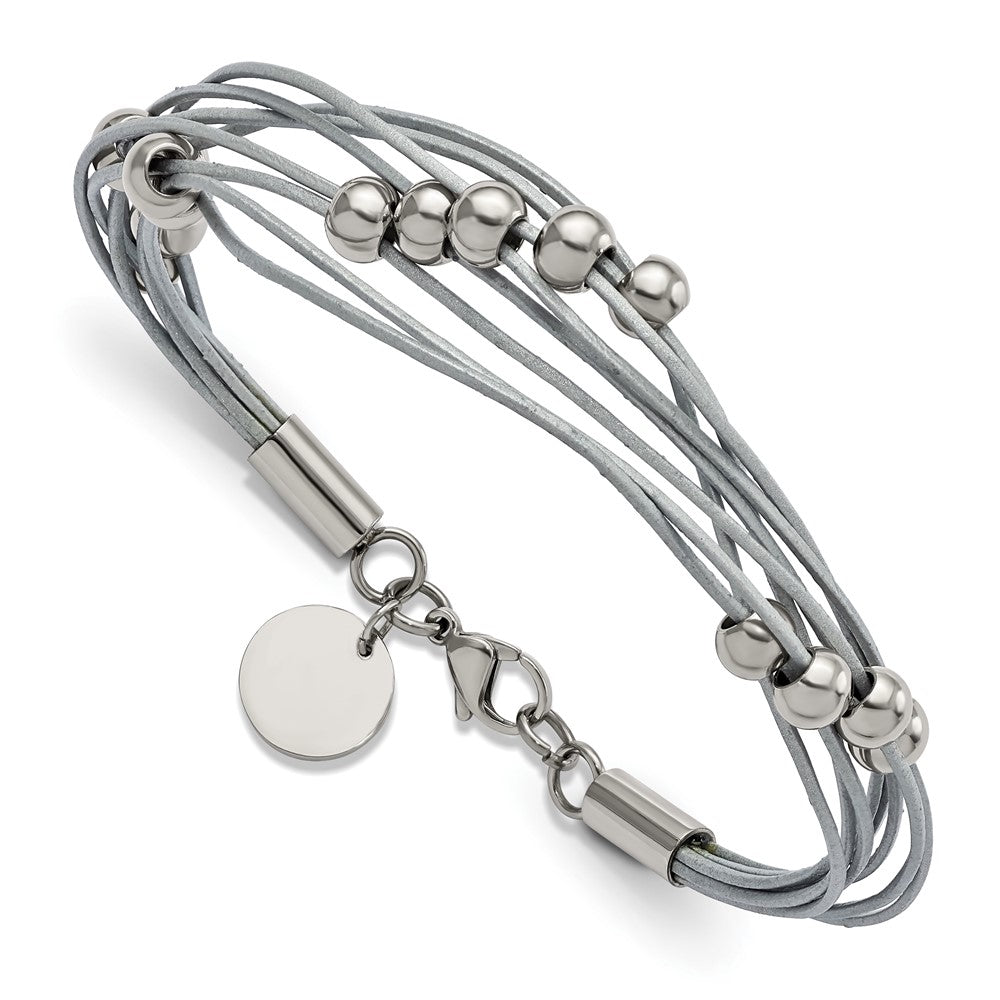 Stainless Steel Polished Beaded Multi-Strand Grey Leather 8in Bracelet 8 inches