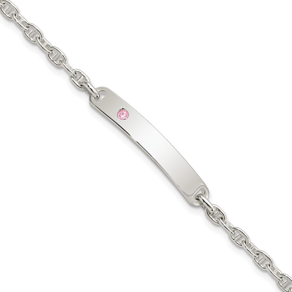 Sterling Silver Polished ID with Pink CZ Bracelet 7.5 inches