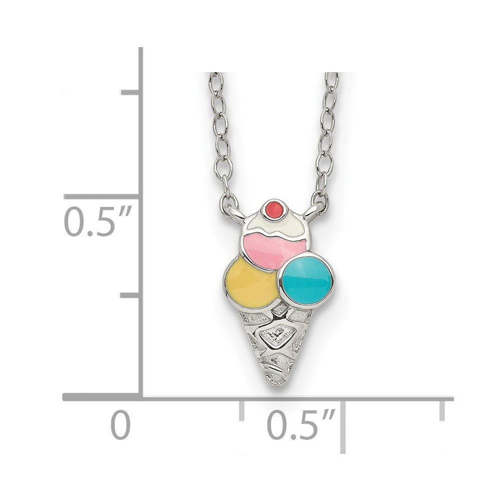 Sterling Silver Polished & Textured Multi-color Enameled Ice Cream Cone with 2 Inch Extension Children's Necklace 16 Inches