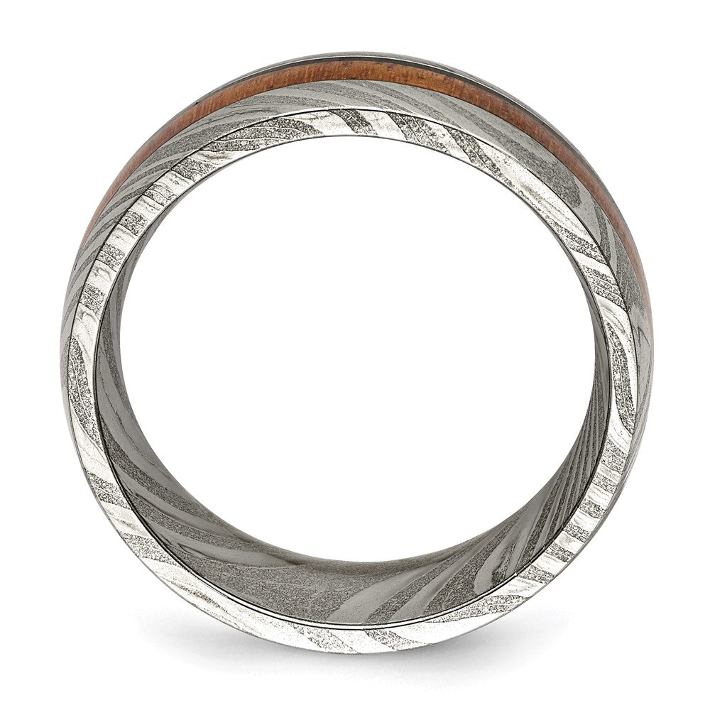 Damascus Steel Polished with Sapele Wood Inlay 8mm Band Size - 8.5