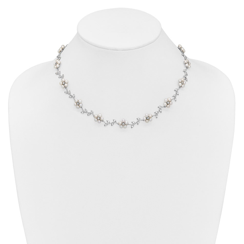 Sterling Silver Rhodium-plated CZ Vine Pattern and Fresheater Cultured Pearl Floral 16 inch Necklace 16 Inches
