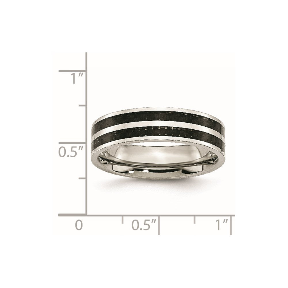 Stainless Steel Polished Double Row Black Carbon Fiber Inlay 6mm Band Size - 7