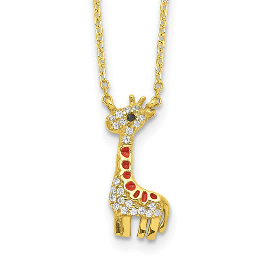 Cheryl M Sterling Silver Gold-plated Enameled and Brilliant-cut Black and White CZ Giraffe 18.25 Inch Necklace 18.25 Inches
