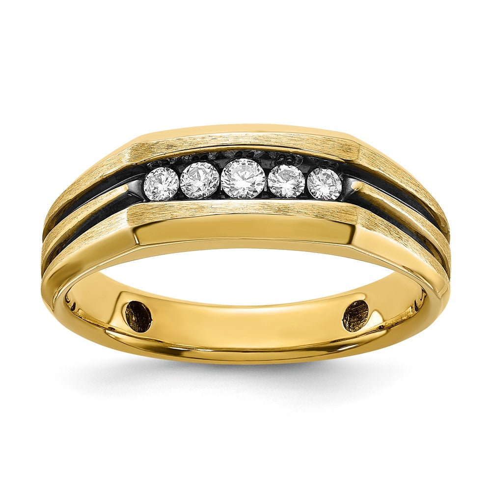 IBGoodman 14k with Black Rhodium Men's Polished Satin and Grooved 1/4 Carat AA Quality Diamond 5-Stone Ring Size 10