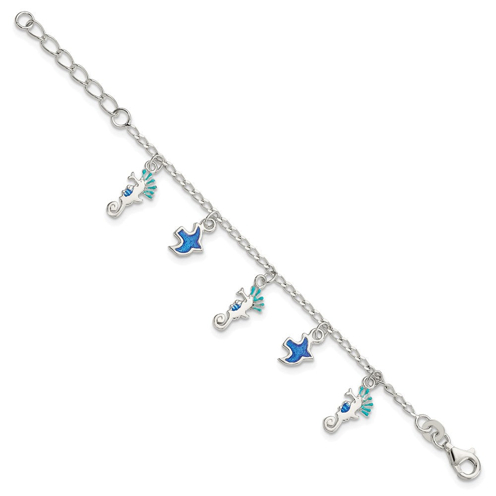 Sterling Silver Enameled Seahorse & Birds w/ 1in ext. Children's Bracelet 5 inches