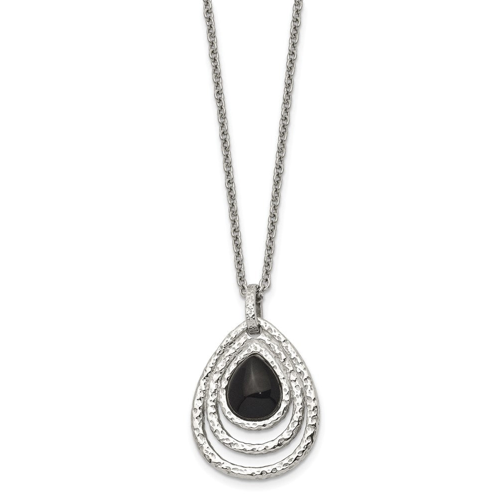 Stainless Steel Polished & Textured Black Onyx 18in w/2in ext Necklace