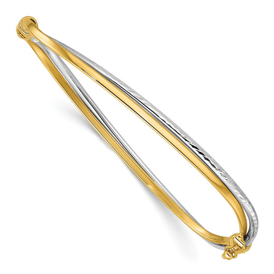 14K w/Rhodium Polished/Diamond-cut Twist Hinged Bangle