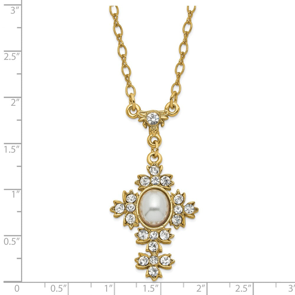 Gold-tone 16+3in ext Acrylic Pearl and Crystal Cross Necklace