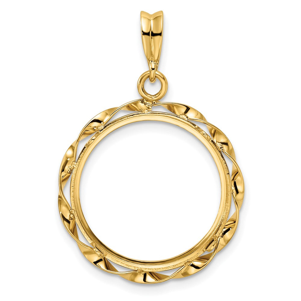Wideband Distinguished Coin Jewelry 14k Polished Hand Twisted Ribbon 18.0mm Prong Coin Bezel Pendant