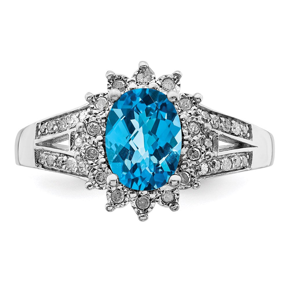 Sterling Silver Rhodium Diam. & Oval Checker-Cut Blue Topaz Ring