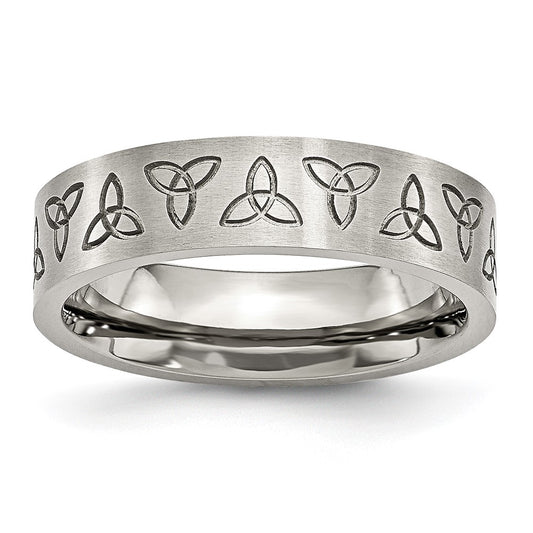 Stainless Steel Brushed w/Engraved Trinity Symbol 6mm Band Size - 7.5
