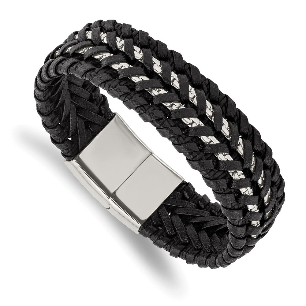 Stainless Steel Polished Black Woven Leather and Chain 8.5in Bracelet 8.5 inches