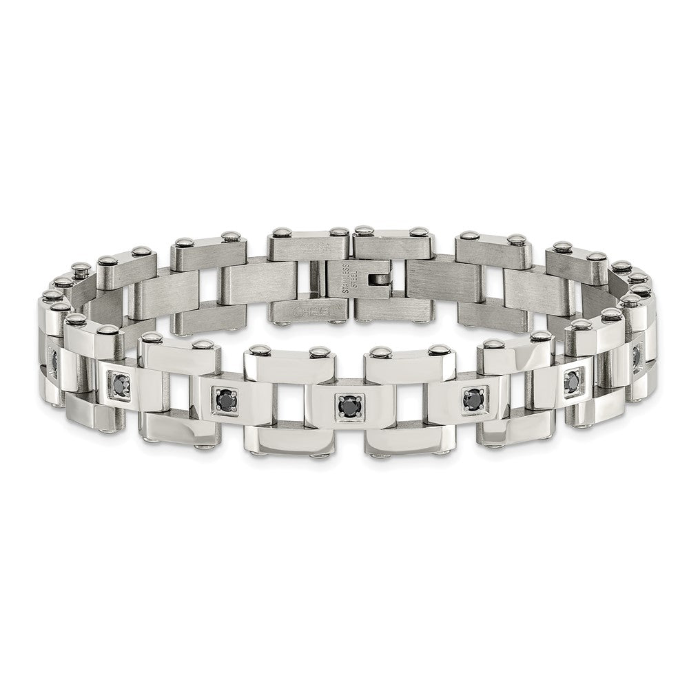 Stainless Steel Polished with Black Diamonds 8.5in Bracelet 8.5 inches