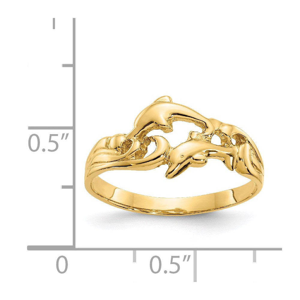 14K Double Dolphins with Waves Ring Size 6.5