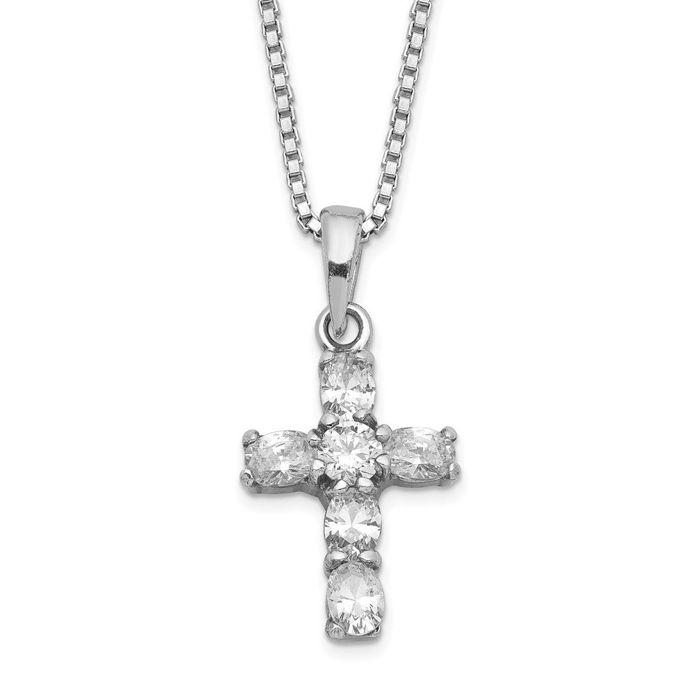 Sterling Silver Rhodium-plated CZ Cross on 16 Box Chain Necklace 16 Inches