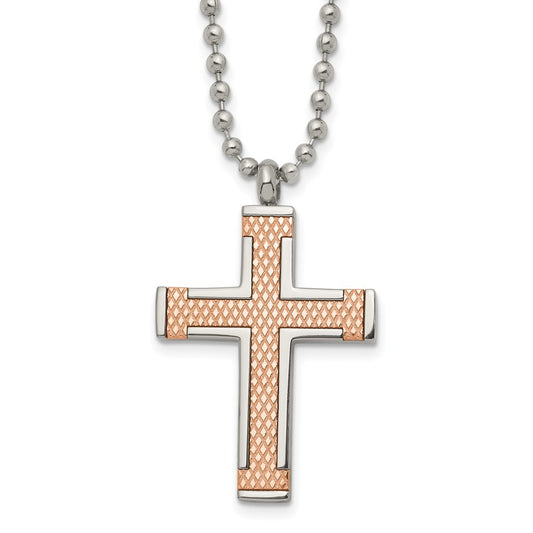 Titanium Polished Rose IP-plated Laser Cut Cross 22in Necklace