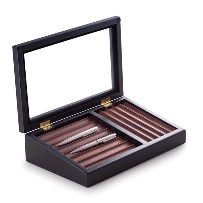 Bey-Berk International  Pen Box with Hinged Glass Top, Black & Burgundy Wood