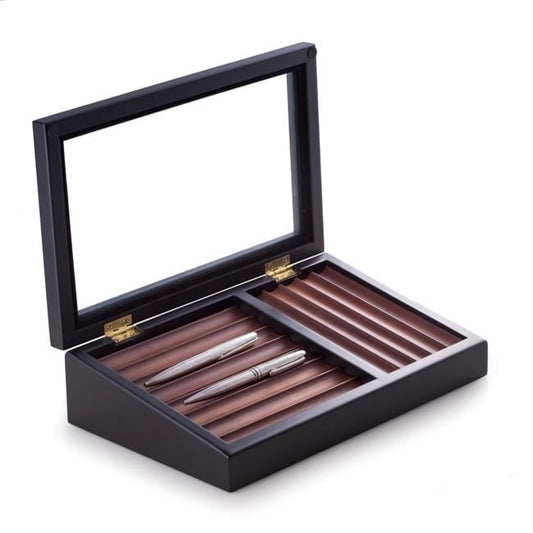 Bey-Berk International  Pen Box with Hinged Glass Top, Black & Burgundy Wood