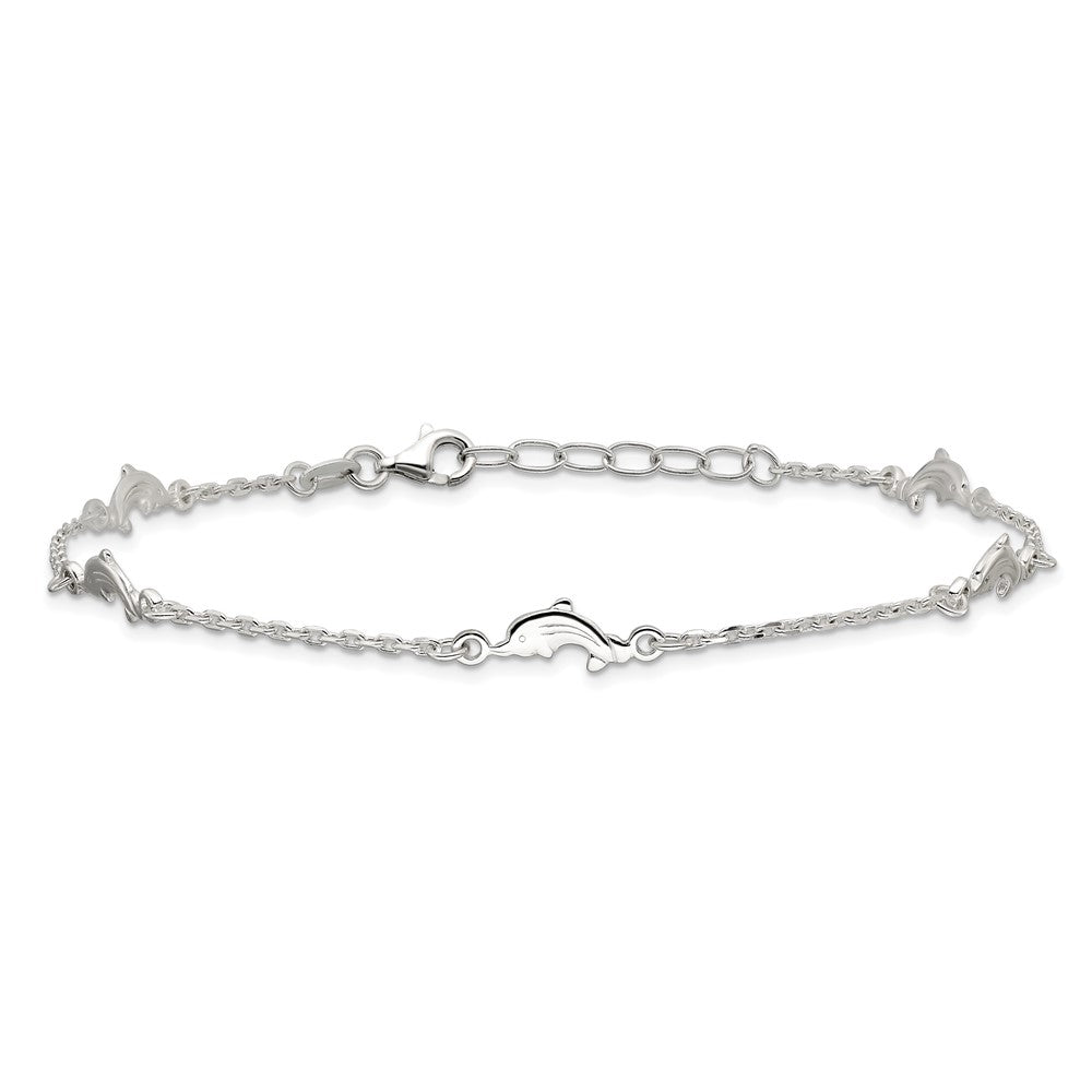 Sterling Silver Polished Dolphin 9in Plus 1in Ext. Anklet 9 inches