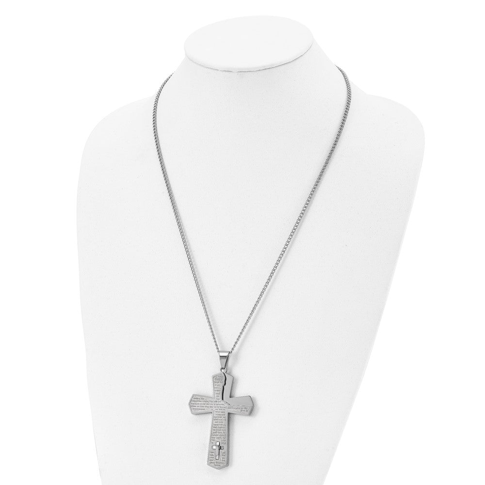Stainless Steel Polished Lord's Prayer Cross 24in Necklace