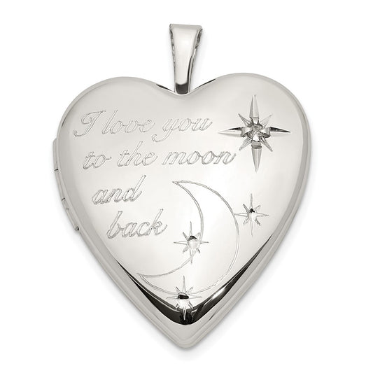 Sterling Silver Rhod-pltd 20mm LOVE TO THE MOON Diamond Heart Locket