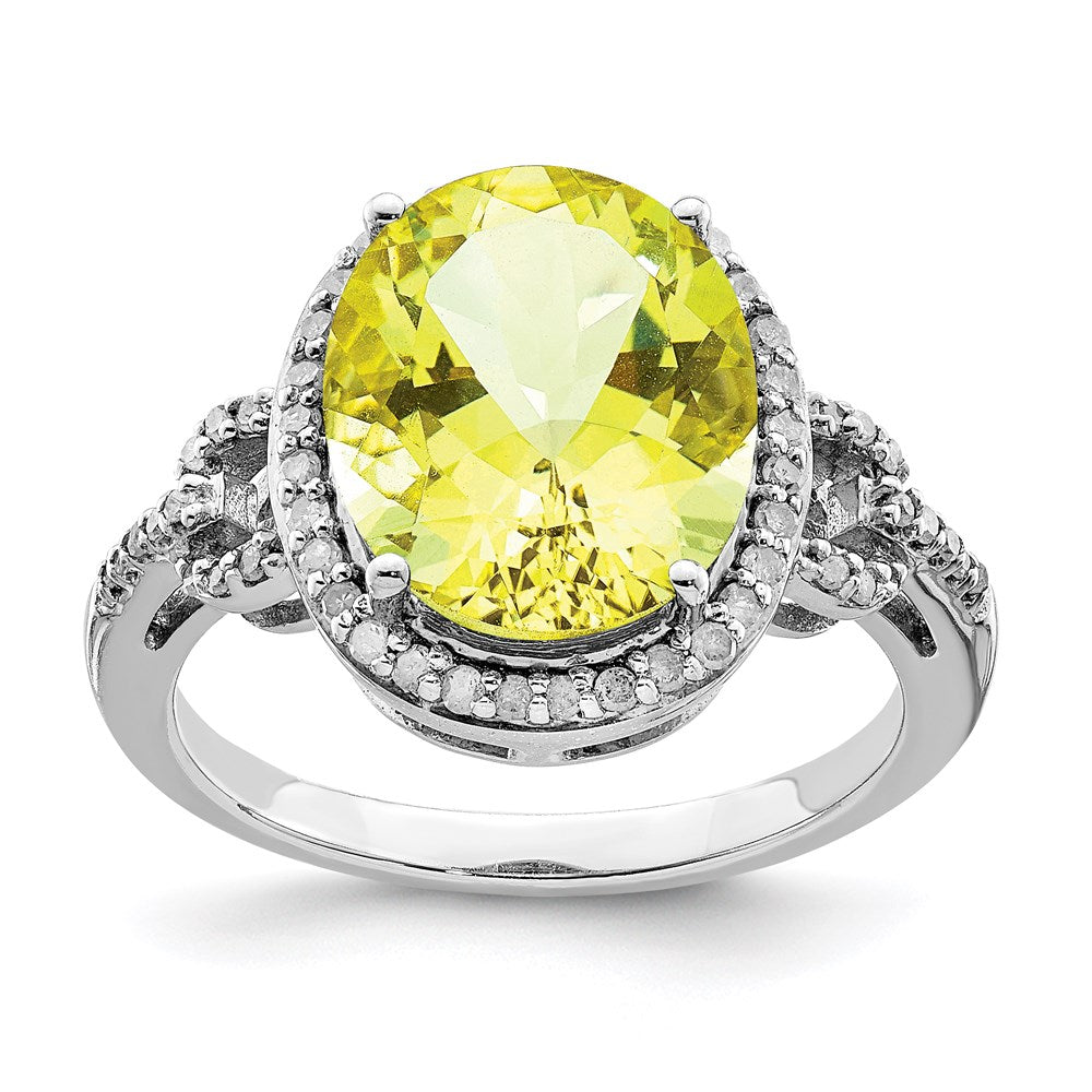 Sterling Silver Rhodium Oval Diam. & Checker-Cut Lemon Quartz Ring