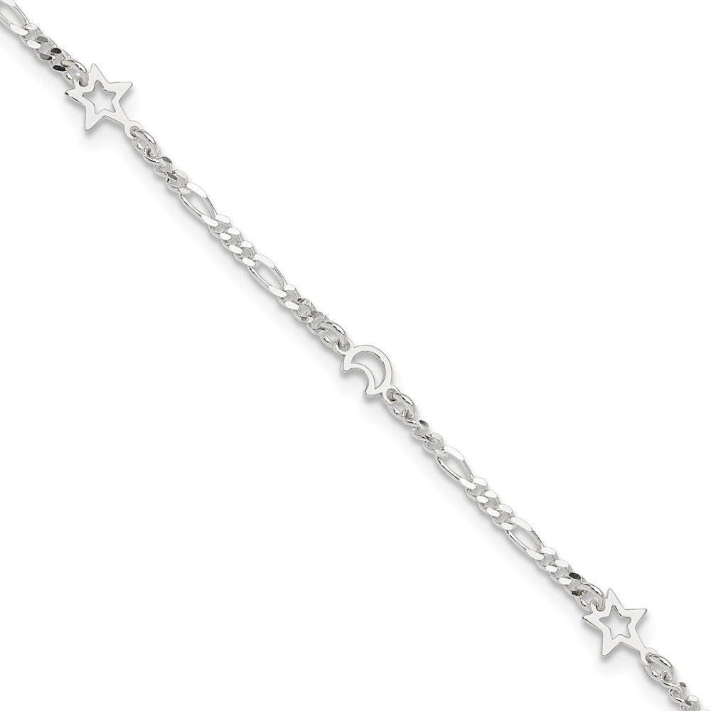 Sterling Silver Polished Moon and Star 9in Plus 1in Ext. Anklet 9 inches