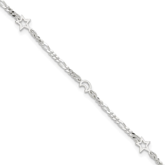 Sterling Silver Polished Moon and Star 9in Plus 1in Ext. Anklet 9 inches