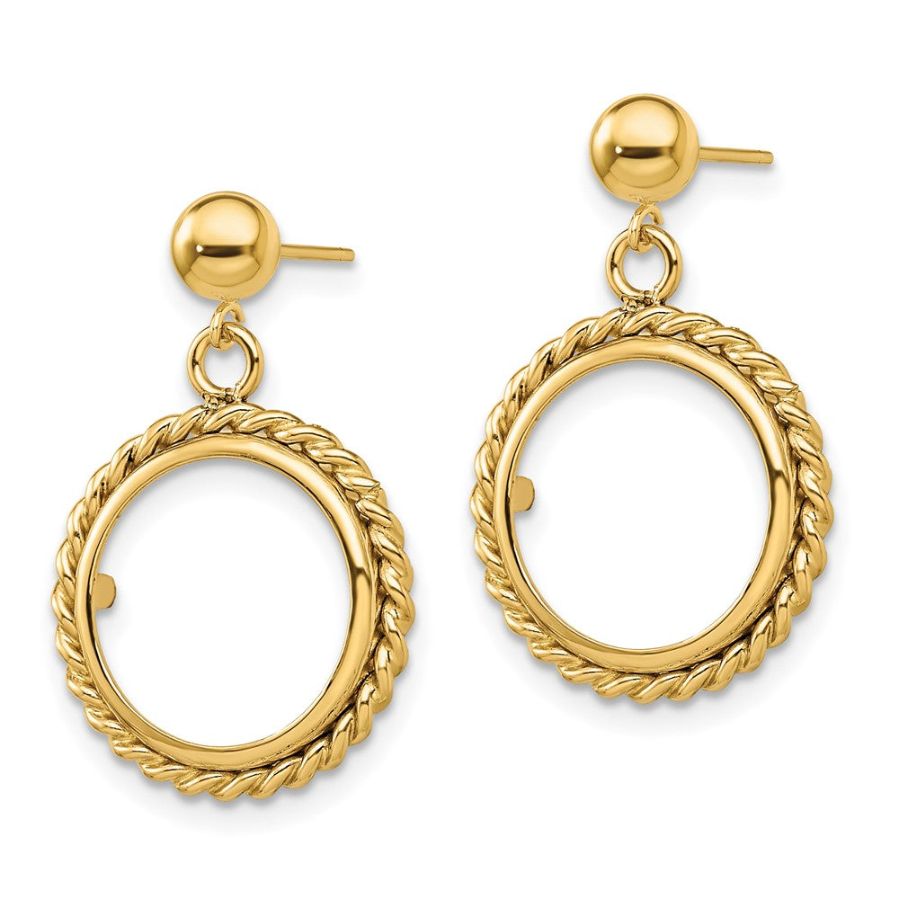 Wideband Distinguished Coin Jewelry 14k Polished Twisted Wire 14.0mm Prong Coin Bezel Post Dangle Earrings