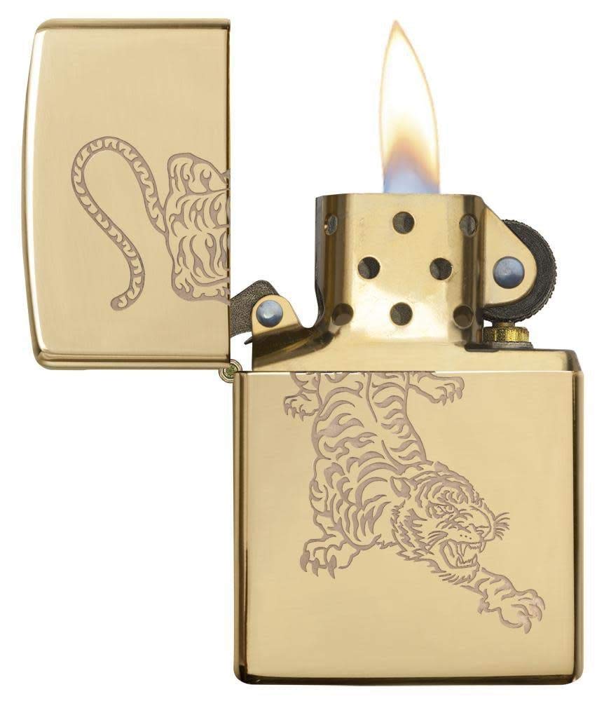 Zippo High Polish Brass Tiger Design Pocket Lighter