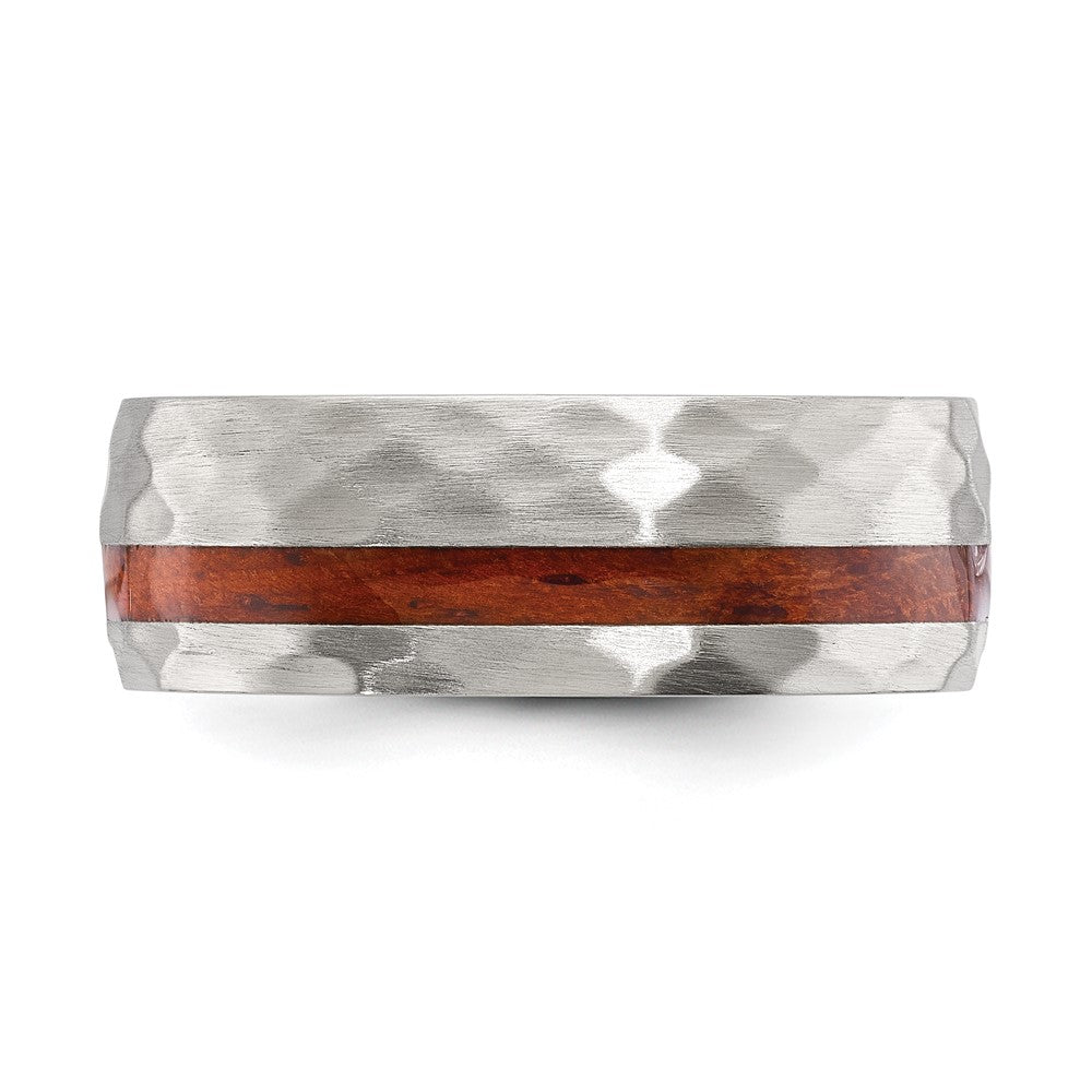 Chisel Stainless Steel Brushed and Hammered with Wood Inlay 8mm Band Size - 11.5